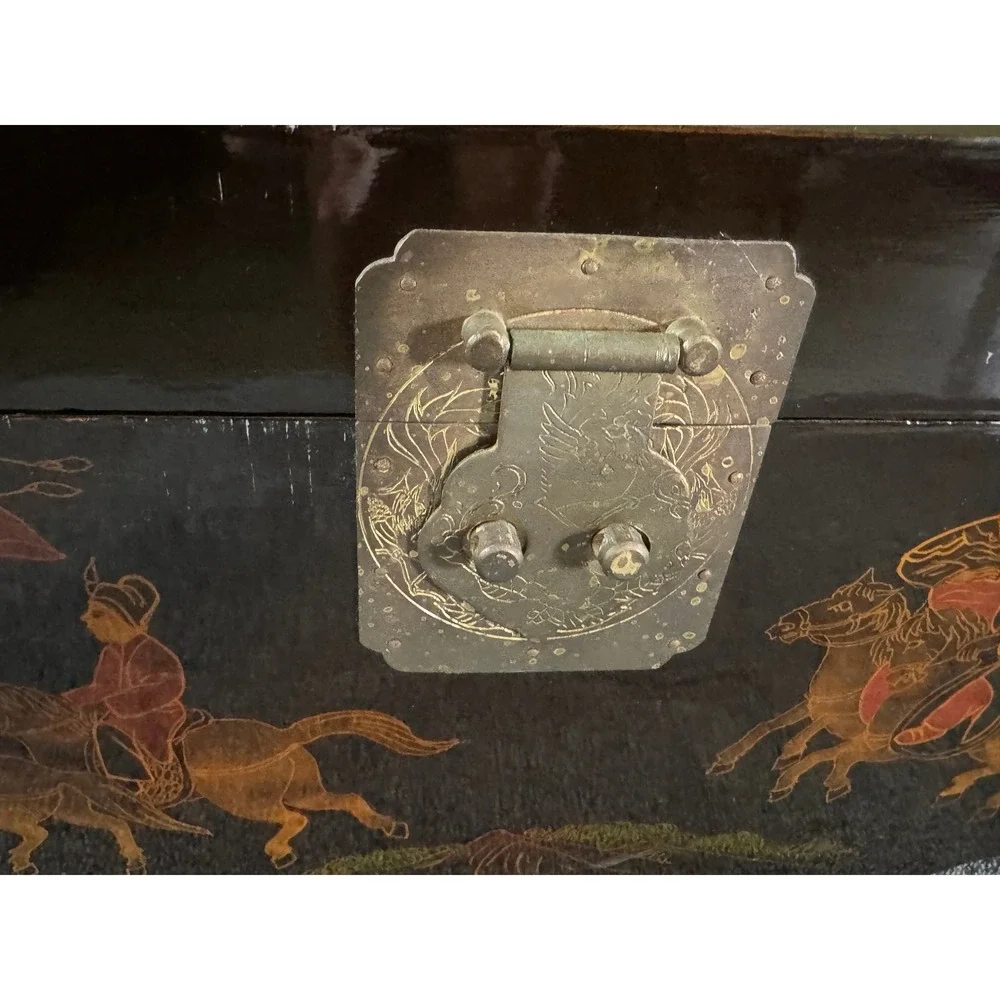 Vintage Chinese Lacquer Domed Trunk Black Gold Royal Procession Chest YC053A‎